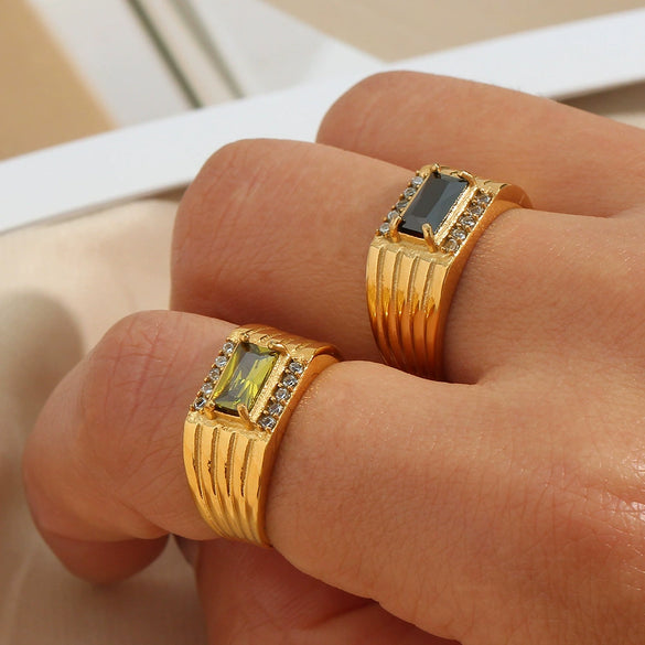 Wholesale Women's Stainless Steel 18K Gold Plated Rectangular Geometric Zircon Ring Jewelry