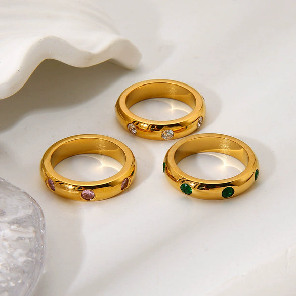 Wholesale Women's Stainless Steel 18K Gold Plated Round Zircon Ring With Geometric Ins Style