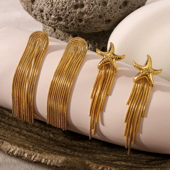 Wholesale Women's Stainless Steel 18K Gold Plated Starfish Tassel Earrings With Star And Geometric Pattern Furnace Vacuum Plated