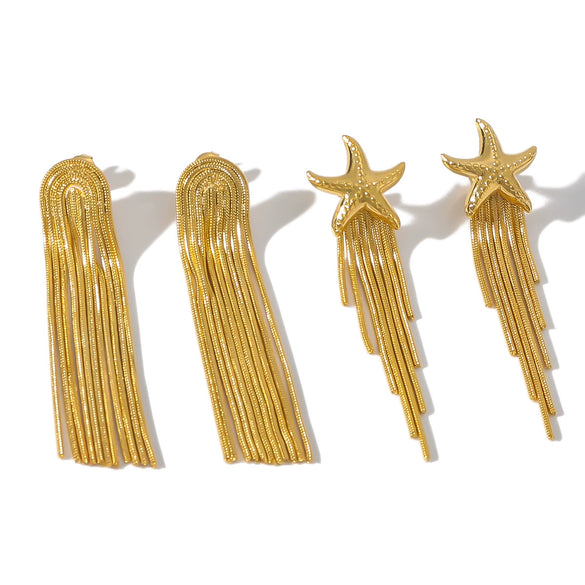Wholesale Women's Stainless Steel 18K Gold Plated Starfish Tassel Earrings With Star And Geometric Pattern Furnace Vacuum Plated