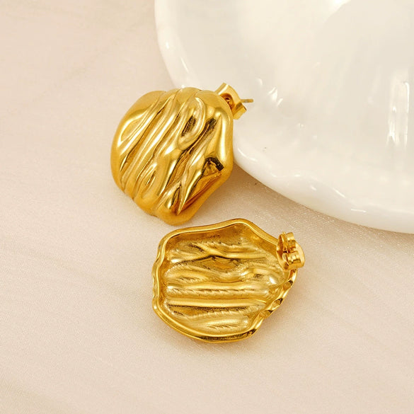Wholesale Women's Stainless Steel 18K Gold Pleated Asymmetrical Geometric Electroplated Earrings