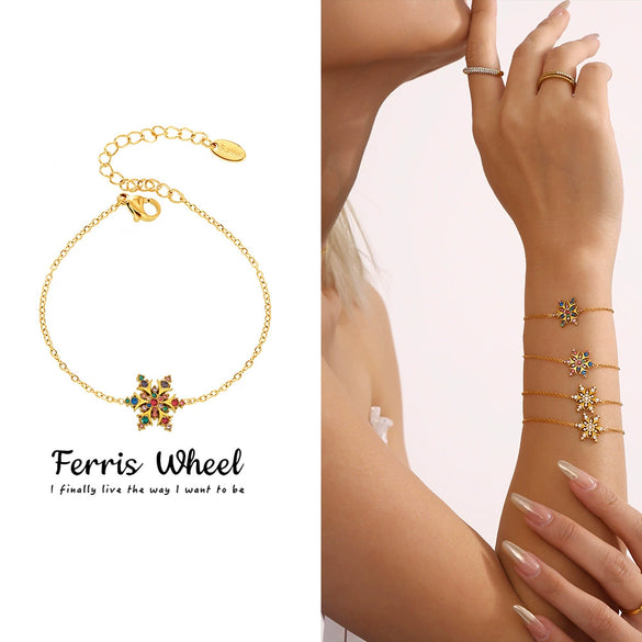 Wholesale Women's Stainless Steel 18K Goldplated Titanium Steel Ferris Wheel Snowflake Inlaid Zircon Geometric Bracelet Nonfading Jewelry