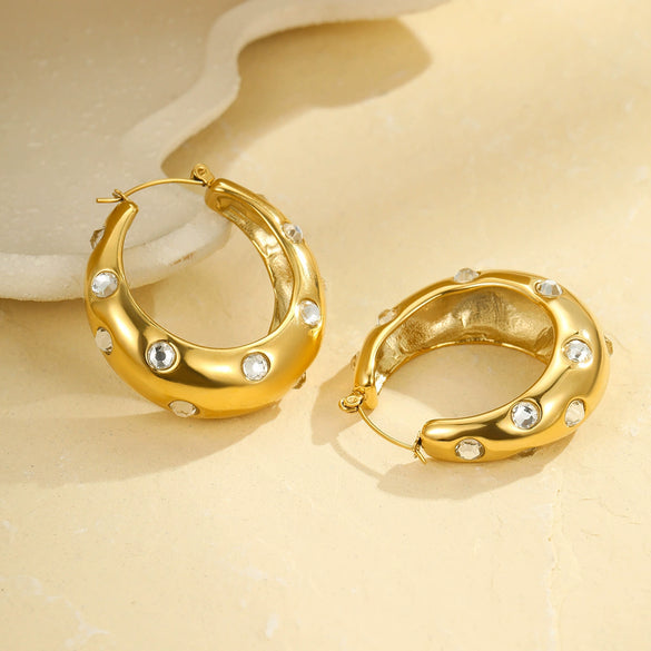 Wholesale Women's Stainless Steel 18K Inlaid Pearl Zircon Geometric Earrings With Electroplating