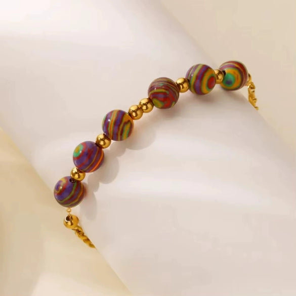 Wholesale Women's Stainless Steel 18K Macaron Beaded Geometric Volcanic Stone Dripping Oil Simple Ancient Style Minimalist Bracelet Jewelry