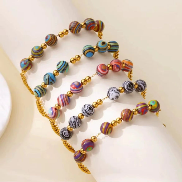Wholesale Women's Stainless Steel 18K Macaron Beaded Geometric Volcanic Stone Dripping Oil Simple Ancient Style Minimalist Bracelet Jewelry