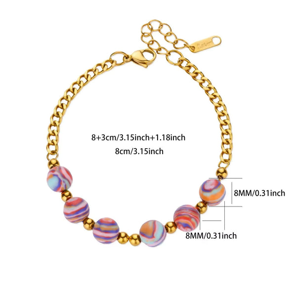 Wholesale Women's Stainless Steel 18K Macaron Beaded Geometric Volcanic Stone Dripping Oil Simple Ancient Style Minimalist Bracelet Jewelry