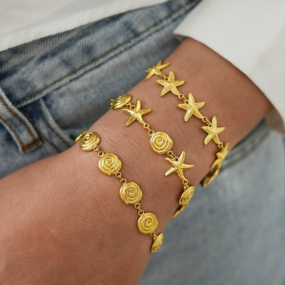 Wholesale Women's Stainless Steel 18K Real Gold Plated Animal Zodiac Starfish And Shell Bracelet