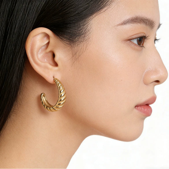 Wholesale Women's Stainless Steel 14K Vacuum Plated Geometric Cshaped Textured Twist Earrings Accessories