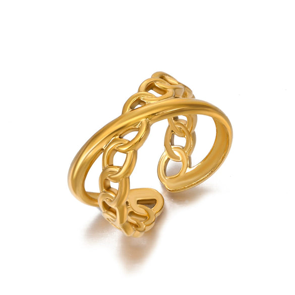 Wholesale Women's Stainless Steel Leaf Geometric Lines Cross Opening Adjustable Ring With Electroplating