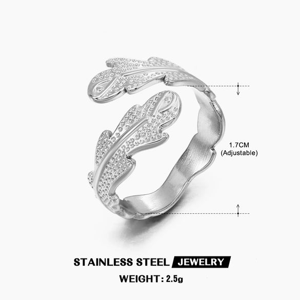 Wholesale Women's Stainless Steel Leaf Ring Opening Adjustable Electroplated Design