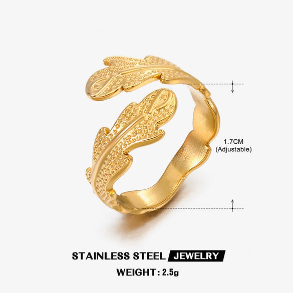 Wholesale Women's Stainless Steel Leaf Ring Opening Adjustable Electroplated Design