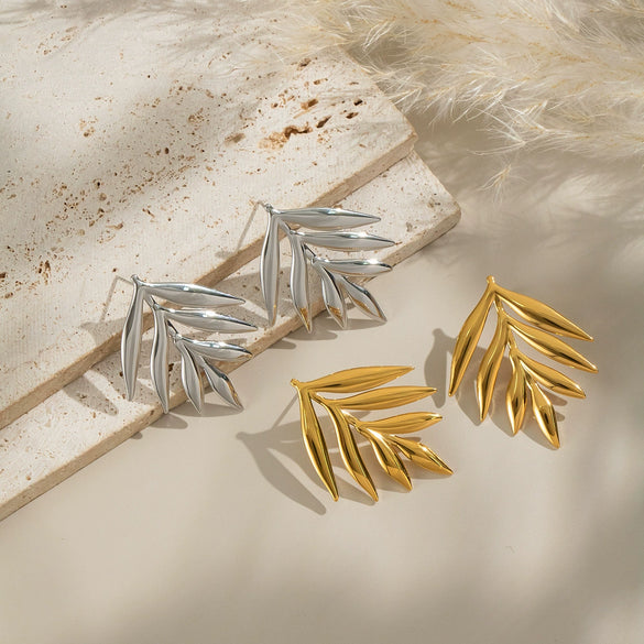 Wholesale Women's Stainless Steel Leaf Stud Earrings With Geometric Pattern Electroplated Personality Forest Style Nonfading Waterproof
