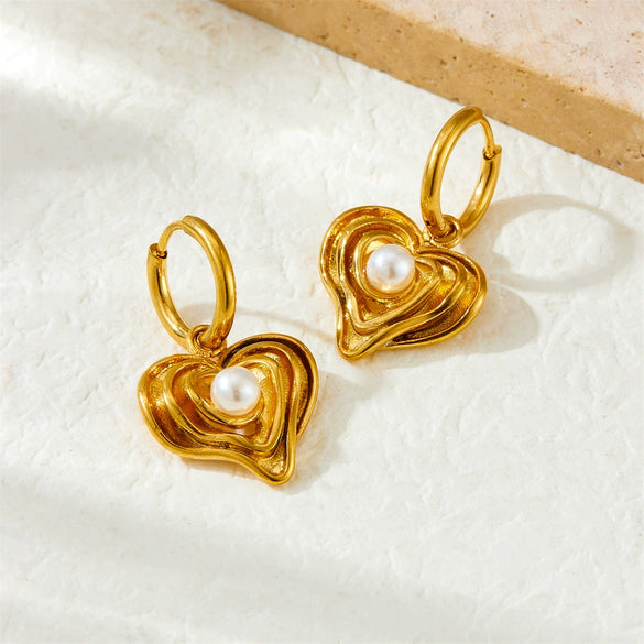 Wholesale Women's Stainless Steel Love Pearl Pendant Earrings Retro Style Gold Plated Heart Shape