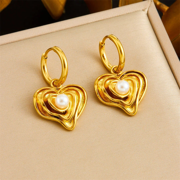 Wholesale Women's Stainless Steel Love Pearl Pendant Earrings Retro Style Gold Plated Heart Shape