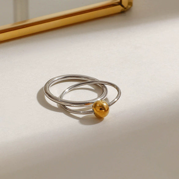 Wholesale Women's Stainless Steel Luxury Exaggerated Ring With Geometric Design And Electroplating Process Gold And Silver Color Matching Double Ring Cross And Ball Shape