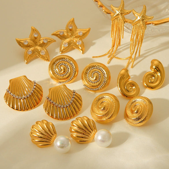 Wholesale Women's Stainless Steel Marine Element Scallop Conch Starfish Ocean Series Shell Stud Geometric Earrings With Electroplating