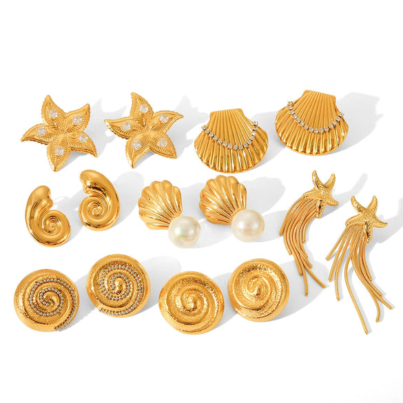 Wholesale Women's Stainless Steel Marine Element Scallop Conch Starfish Ocean Series Shell Stud Geometric Earrings With Electroplating
