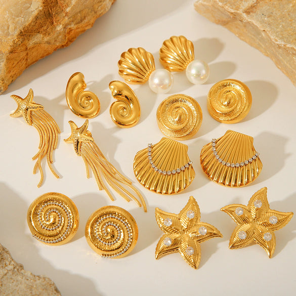 Wholesale Women's Stainless Steel Marine Element Scallop Conch Starfish Ocean Series Shell Stud Geometric Earrings With Electroplating
