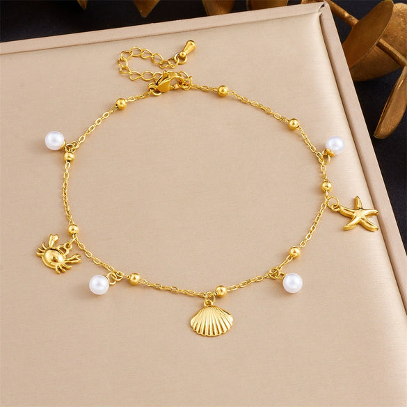 Wholesale Women's Stainless Steel Marine Life Anklet With Starfish And Turtle Pendant