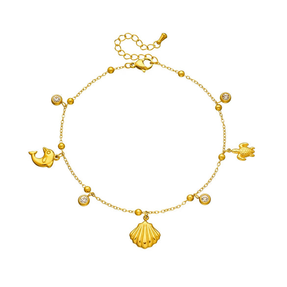 Wholesale Women's Stainless Steel Marine Life Pendant Anklet With Goldplated Turtle Dolphin Scallop Chain Animal Zodiac Design