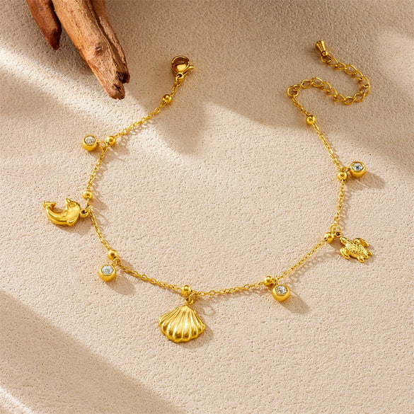 Wholesale Women's Stainless Steel Marine Life Pendant Anklet With Goldplated Turtle Dolphin Scallop Chain Animal Zodiac Design