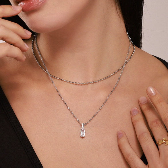 Wholesale Women's 316L Stainless Steel Multilayer Clavicle Chain With Rectangular Zircon Beads Pvd Plated In 18K Gold Light Luxury Geometric Style