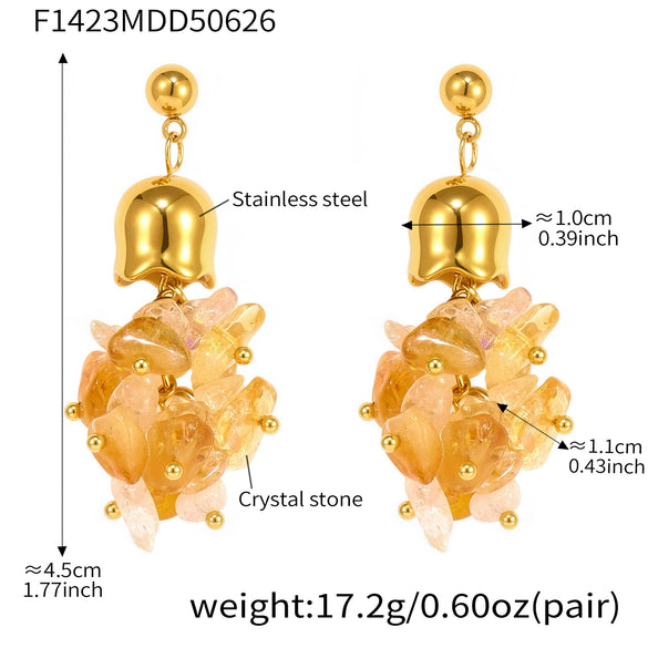 Wholesale Women's 316L Stainless Steel Natural Crystal Stone Lily Of The Valley Tassel Earrings With Geometric Pattern And Electroplating Design