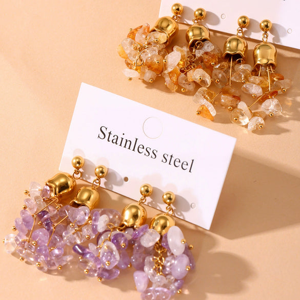 Wholesale Women's 316L Stainless Steel Natural Crystal Stone Lily Of The Valley Tassel Earrings With Geometric Pattern And Electroplating Design