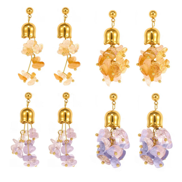 Wholesale Women's 316L Stainless Steel Natural Crystal Stone Lily Of The Valley Tassel Earrings With Geometric Pattern And Electroplating Design