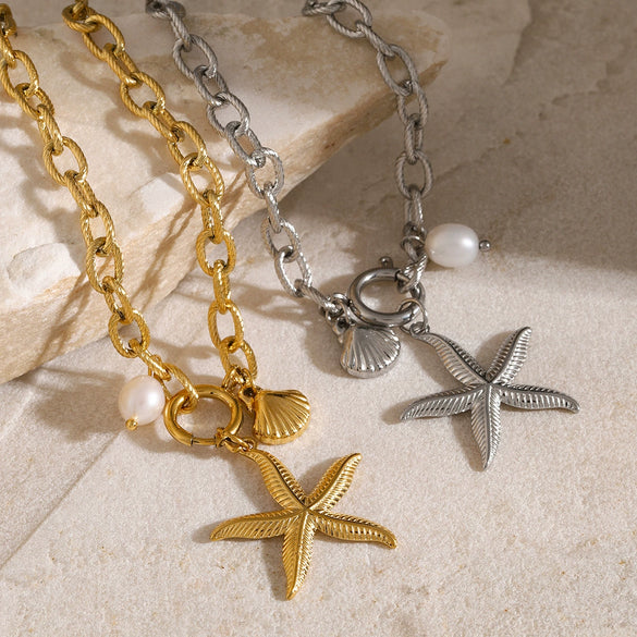 Wholesale Women's Stainless Steel Natural Freshwater Pearl Bracelet With Starfish Shell And Geometric Pattern Electroplated