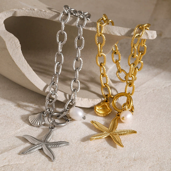 Wholesale Women's Stainless Steel Natural Freshwater Pearl Bracelet With Starfish Shell And Geometric Pattern Electroplated