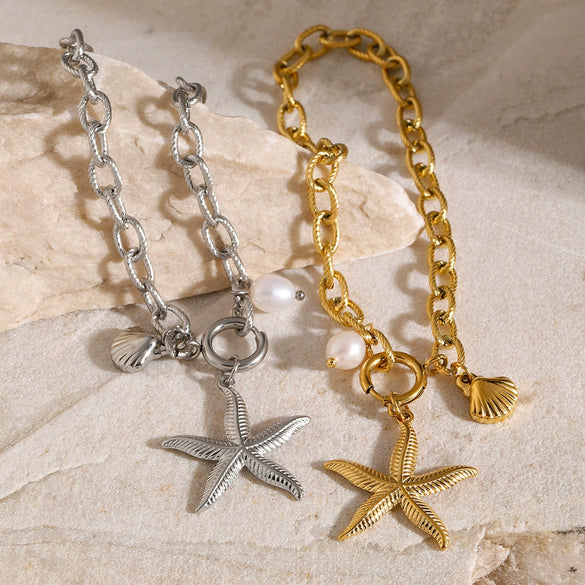 Wholesale Women's Stainless Steel Natural Freshwater Pearl Bracelet With Starfish Shell And Geometric Pattern Electroplated