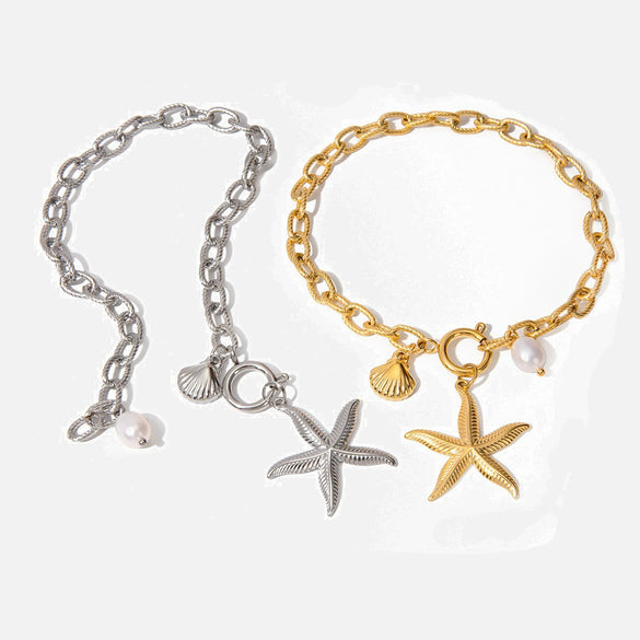 Wholesale Women's Stainless Steel Natural Freshwater Pearl Bracelet With Starfish Shell And Geometric Pattern Electroplated