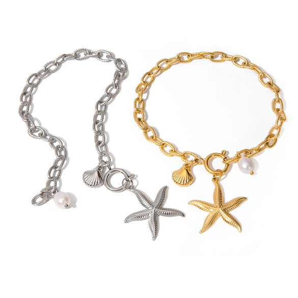 Wholesale Women's Stainless Steel Natural Freshwater Pearl Bracelet With Starfish Shell And Geometric Pattern Electroplated