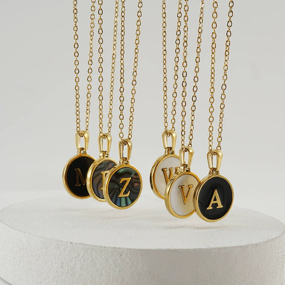 Wholesale Women's Stainless Steel Natural Shell Letter Necklace With Oil Dripping Titanium Steel Pendant And Electroplated 18K Gold