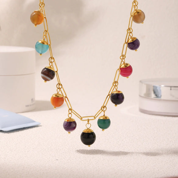 Wholesale Women's 316L Stainless Steel Natural Stone Geometric Handmade Bohemian Style Light Luxury Pendant Necklace With Electroplating