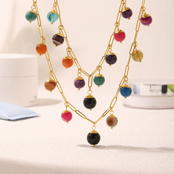Wholesale Women's 316L Stainless Steel Natural Stone Geometric Handmade Bohemian Style Light Luxury Pendant Necklace With Electroplating