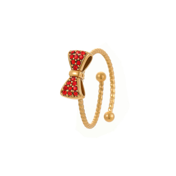 Wholesale Women's Stainless Steel Open Bow Ring Inlaid With Colorful Zircon Light Luxury Style Electroplated