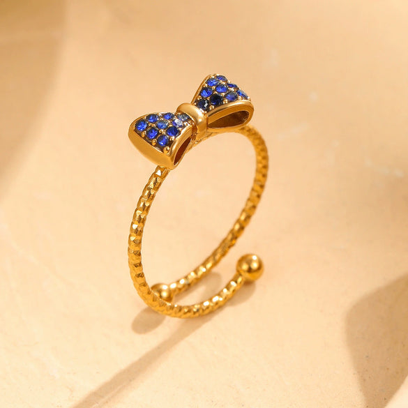 Wholesale Women's Stainless Steel Open Bow Ring Inlaid With Colorful Zircon Light Luxury Style Electroplated