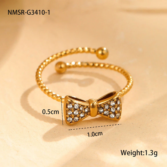 Wholesale Women's Stainless Steel Open Bow Ring Inlaid With Colorful Zircon Light Luxury Style Electroplated
