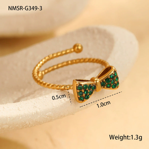 Wholesale Women's Stainless Steel Open Bow Ring Inlaid With Colorful Zircon Light Luxury Style Electroplated