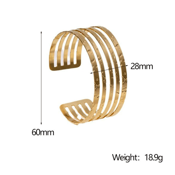 Wholesale Women's Stainless Steel Open Bracelet With Hammer Pattern And Geometric Light Luxury Style 18K Gold Electroplated