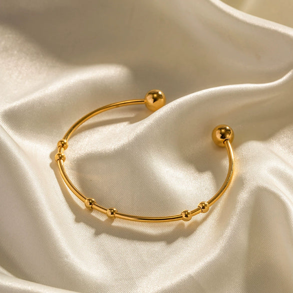 Wholesale Women's Stainless Steel Open Bracelet With Round Beads And Geometric Design Electroplated 18K Gold Non Fading