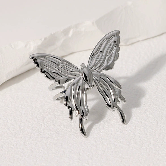 Wholesale Women's Stainless Steel Open Gold Plated Finger Ring With Butterfly Design And Animal Pattern