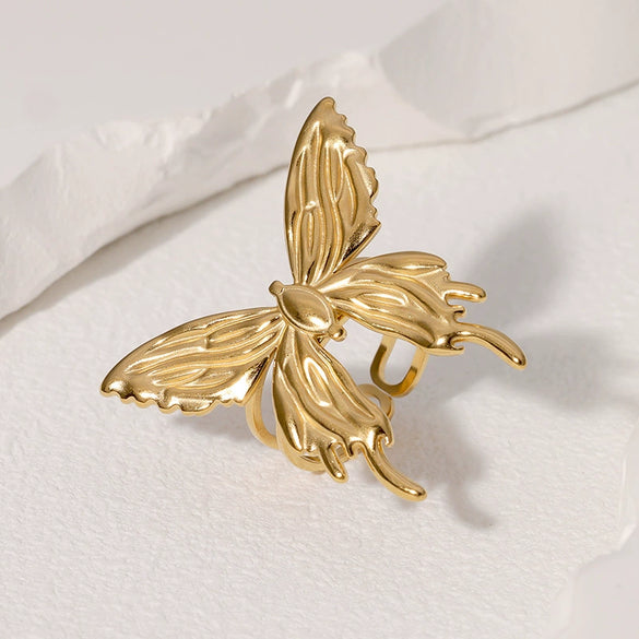 Wholesale Women's Stainless Steel Open Gold Plated Finger Ring With Butterfly Design And Animal Pattern