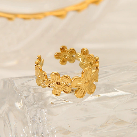 Wholesale Women's Stainless Steel Open Ring With Flower Geometric Pattern 18K Gold Plated