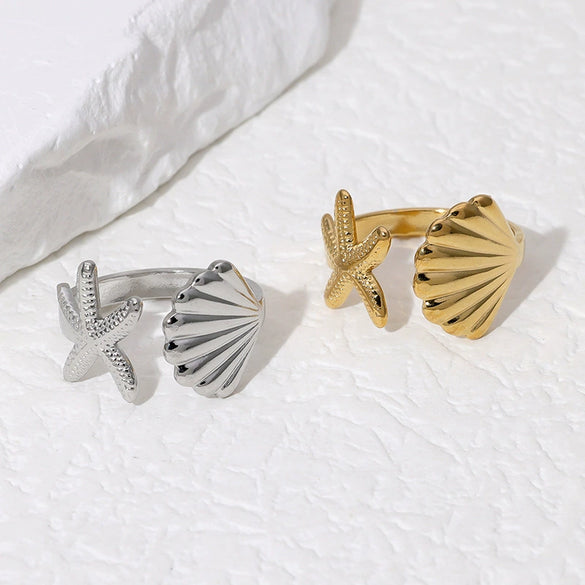 Wholesale Women's Stainless Steel Open Ring With Ocean Elements Starfish Shell Simple Beach Holiday Style Adjustable Electroplated