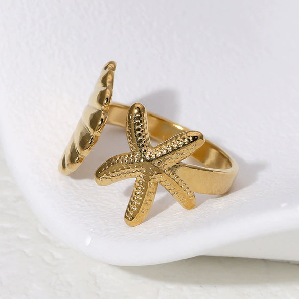 Wholesale Women's Stainless Steel Open Ring With Ocean Elements Starfish Shell Simple Beach Holiday Style Adjustable Electroplated