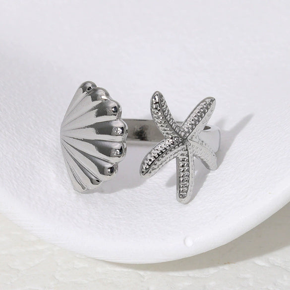 Wholesale Women's Stainless Steel Open Ring With Ocean Elements Starfish Shell Simple Beach Holiday Style Adjustable Electroplated