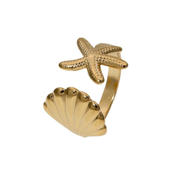 Wholesale Women's Stainless Steel Open Ring With Ocean Elements Starfish Shell Simple Beach Holiday Style Adjustable Electroplated
